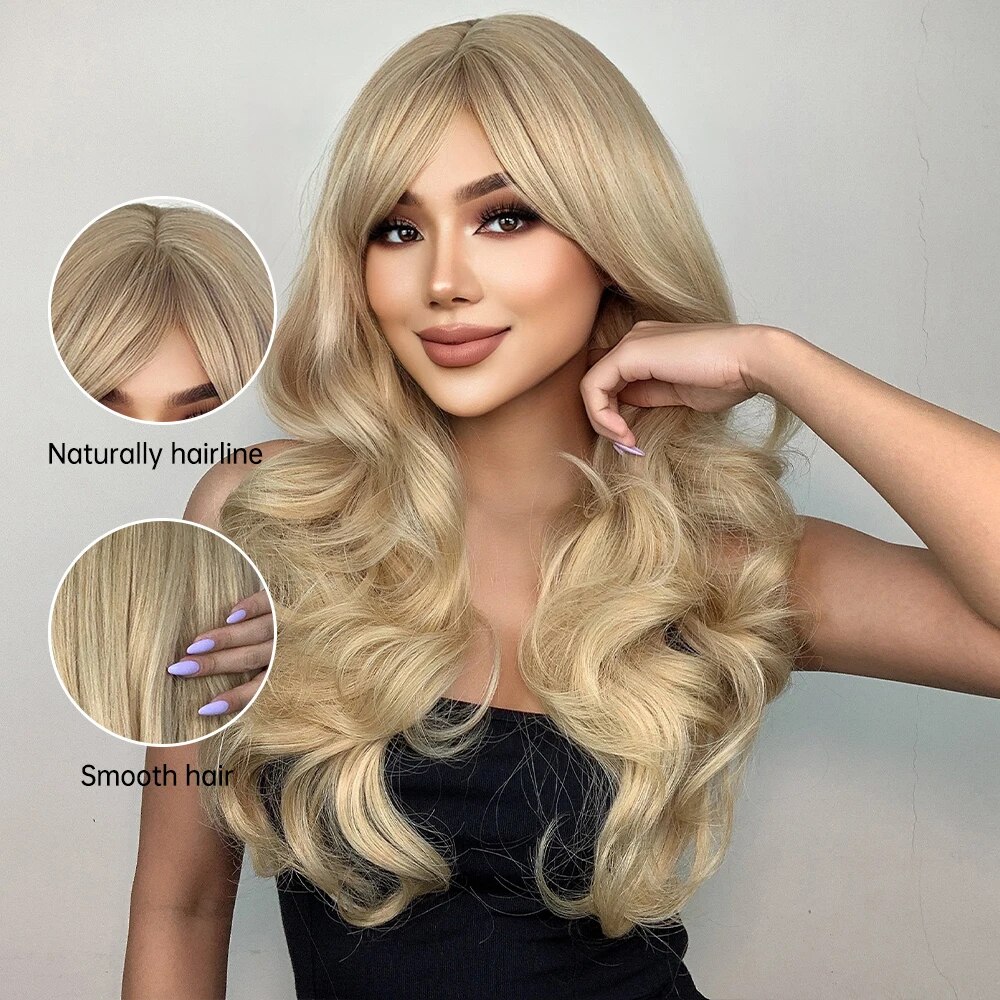 HENRY MARGU Synthetic Ombre Platinum Blonde Wig Long Wavy Wig with Bangs for Women Cosplay Party Heat Resistant Fake Hair Wig