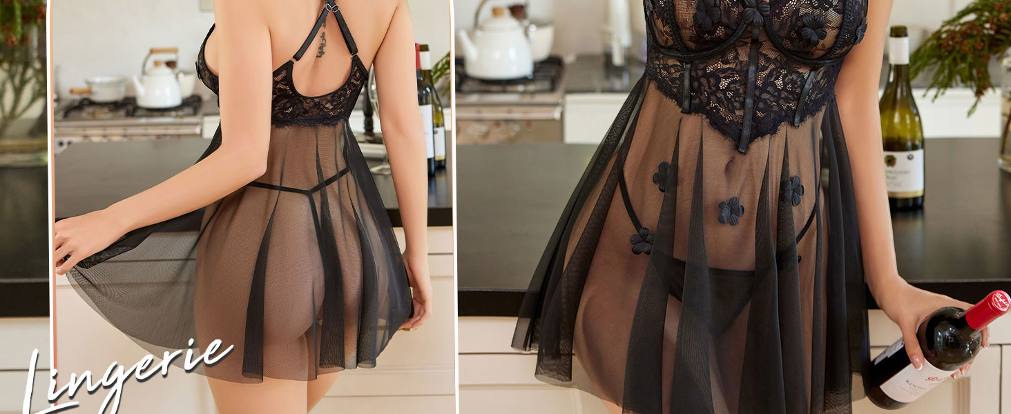 Sexy Lingerie for Women Sheer Mesh Lace Babydoll Chemise Negligees Exotic Nightgowns