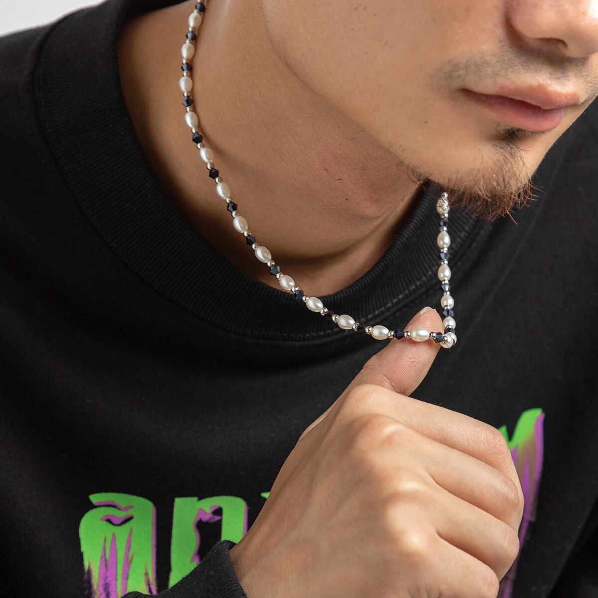 PuRui Fashion Oval Imitation Pearl Grey Crystal Beads Beading Necklace For Men Simple Handmade Short Necklace Trend Jewelry