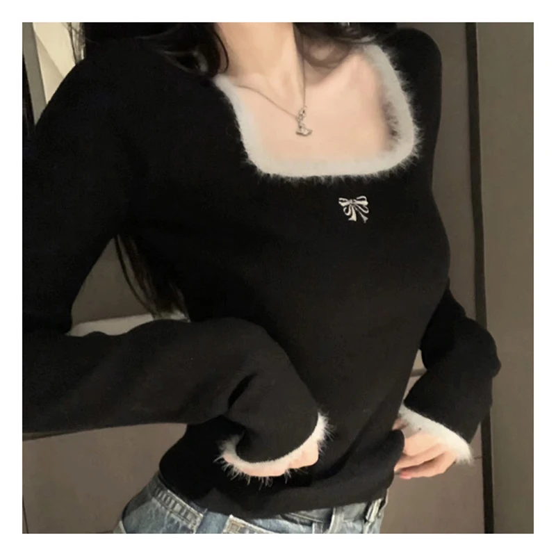 HELIAR Women Butterfly Embroidered T-shirts Square Neck  Long Sleeve Patchwork Y2K T-Shirts Casual Tees Women 2023 Autumn Winter