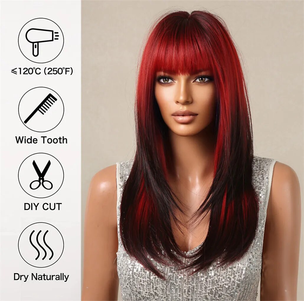 Ombre Red to Black Synthetic Hair Wigs with Bangs Long Layered Straight Wig Colored Party Costume Heat Resistant Hair for Women