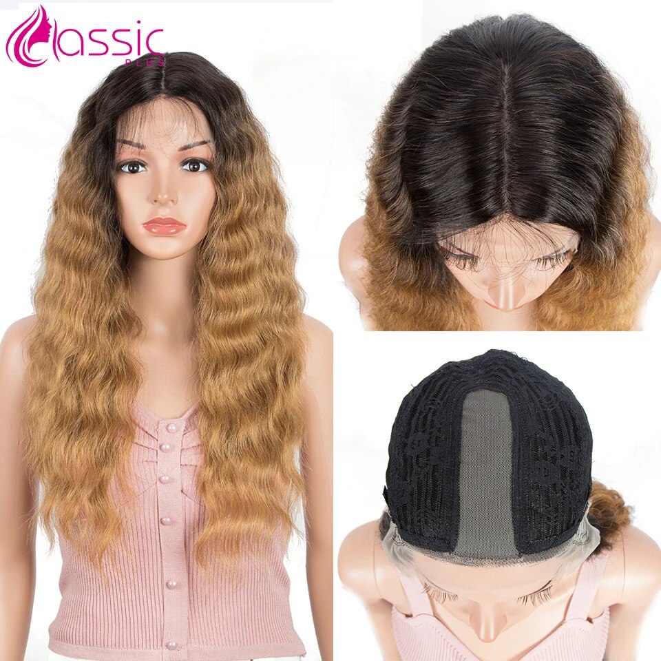 Classsic Plus Long Synthetic Wig High Quality 28 inch Wavy Natural Hair Ombre Blonde Lace Wigs Cosplay Female wig for Women