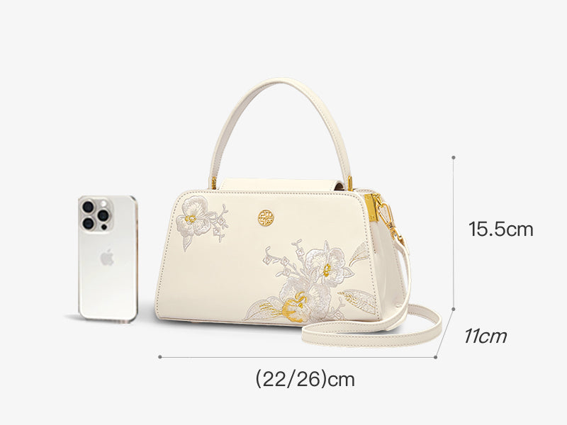 Embroidery Leather Bag White Orchid Handbag