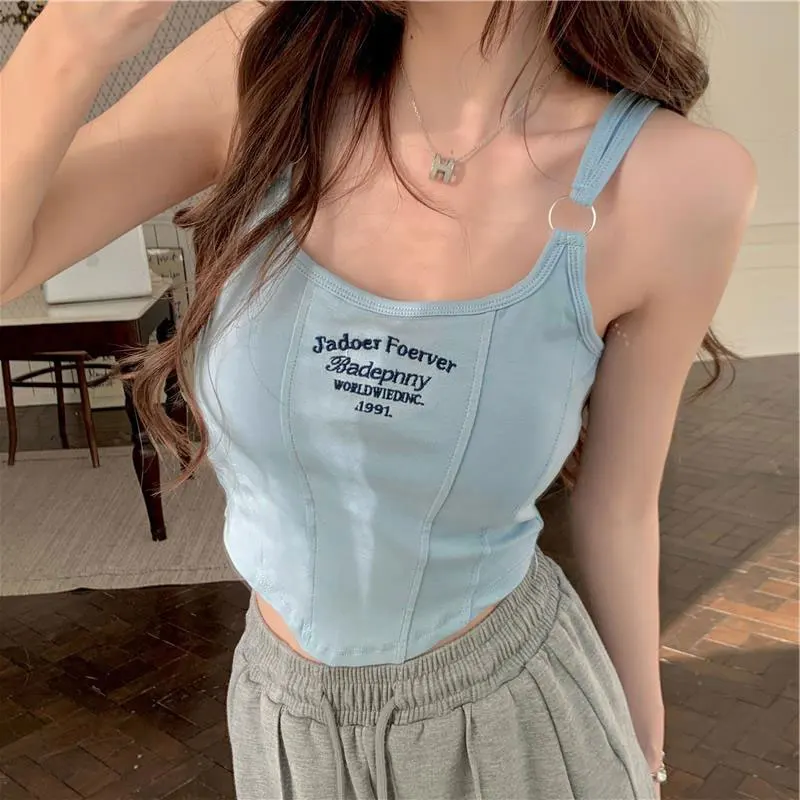Summer Sleeveless 90s 00s Vintage Clothes Y2K Women Tops Crop Top Letter Tank Tops With Pad Camisole Female Sexy T-shirt Vest