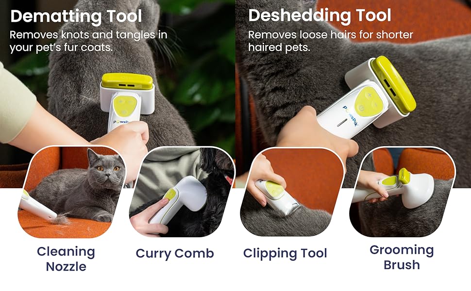  Pet kit has curry comb, deshedding tool, dematting tool, grooming brush, clippers, cleaning nozzle