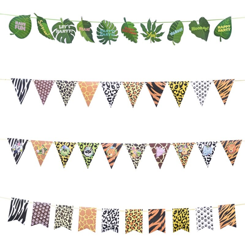 1Set Jungle Birthday Banners Animal Garland Birthday Paper Pennant Palm Leaf Flags Bunting Baby Shower Safari Animals Decoration