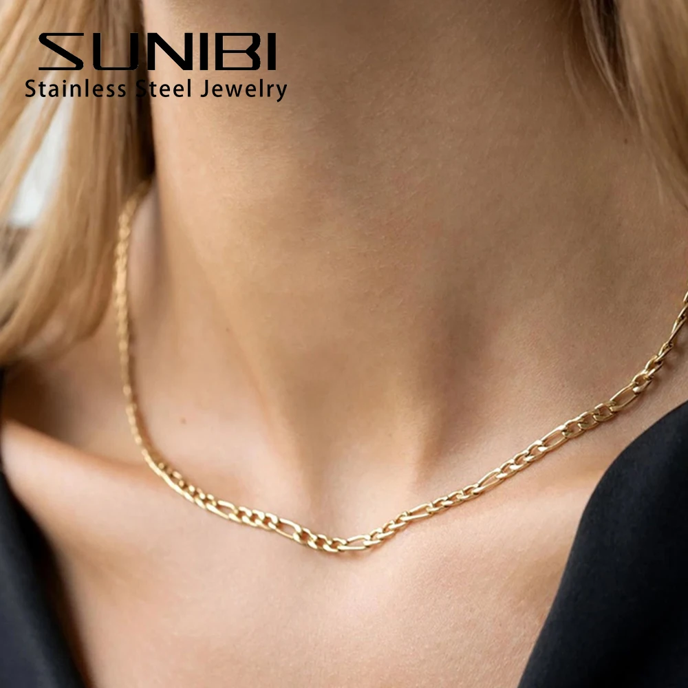 Fashion Stainless Steel Figaro Chain Necklace for Women 4/6/8/10mm Filled Tone Punk Gold Color Necklaces Hip Hop Jewelry Gift