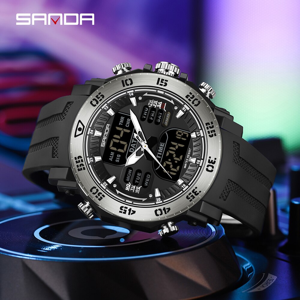 SANDA 2023 Men Watches Sport Military Quartz Watch 50M Waterproof Wristwatch for Male LED Digital Clock Relogios Masculino 6029