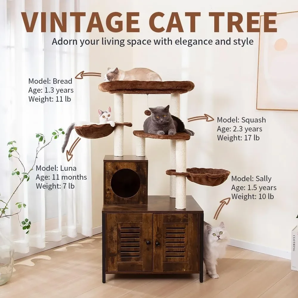 2-in-1 Rustic Cat Tree Tower With Large Plush Perch Platform Hammock and Cat Condo Tree for Cats Trees Supplies Pet Products
