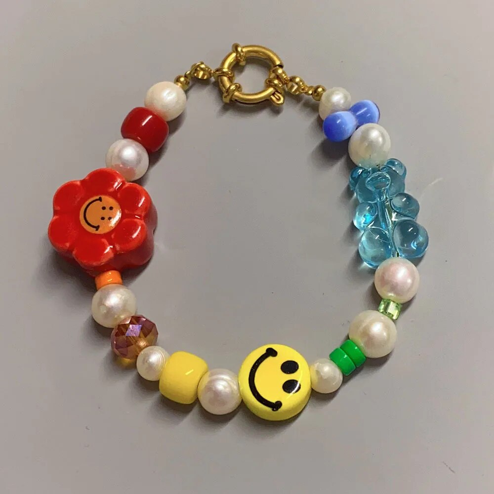 Y2K Fashion Rainbow Gradient Smiley Face Bear Flower Necklace Natural large Pearl Beaded Necklaces For Women And Men  Choker, Gi