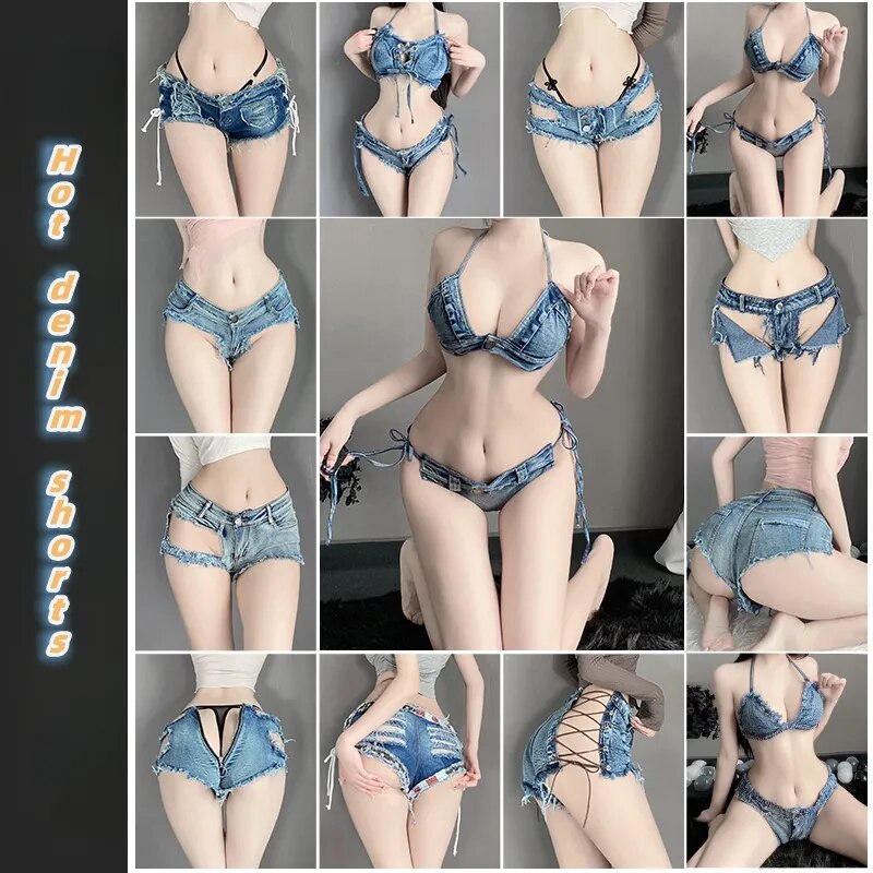 Fun Lingerie Women's Low Waist Open Cut Shorts Sexy Perforated Denim Shorts Nightclub Hot Temptation Lingerie Couple Fun