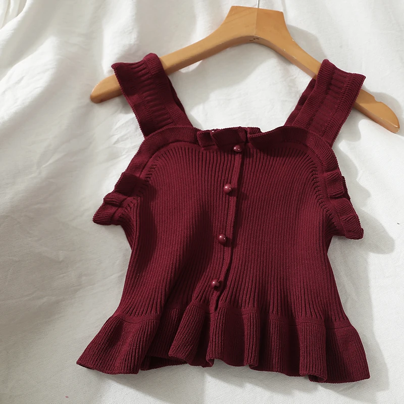 Y2K Sexy Off White Ruffles Sleeveless Tops Buttons Cute Women Cropped T-shirt New Streetwear Stripe 2024 Summer