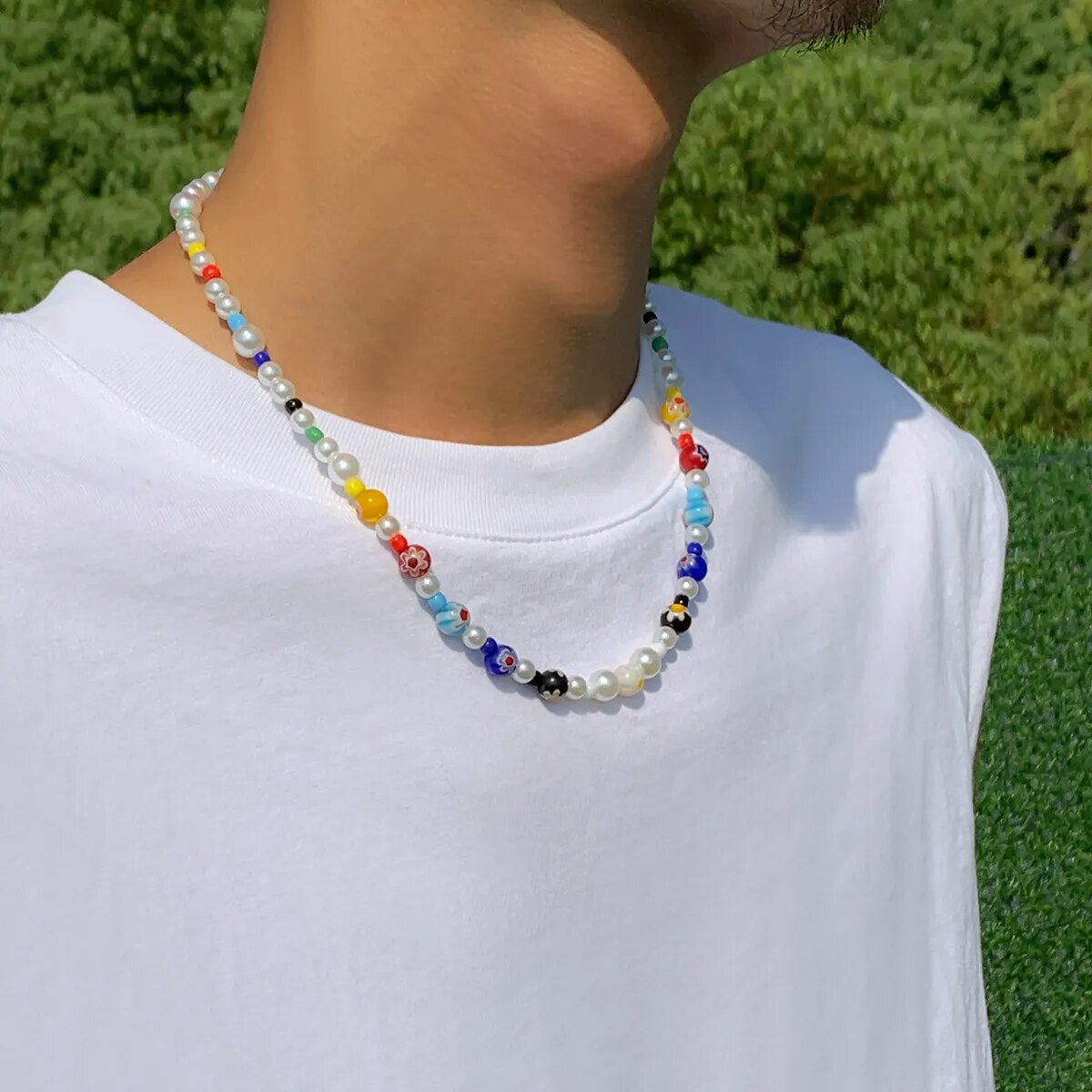 Simple Hip hop Style Colorful Glass Crystal Beads Pearl Necklace Man Sunshine Boy Colored Pearl Necklace Bead Choker