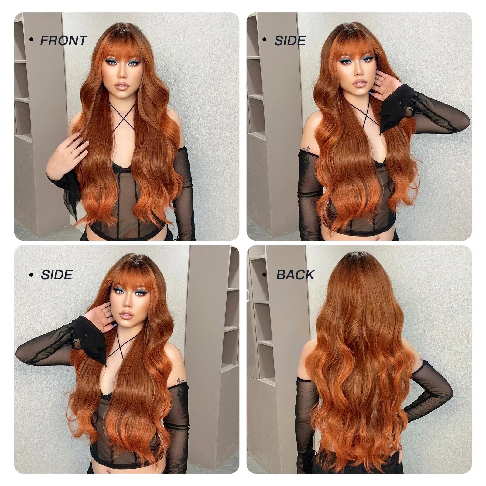 HENRY MARGU Ombre Orange Red Long Body Wavy Wig Synthetic Red Brown Wigs with Bangs for Women Daily Party Use Natural Fake Hair