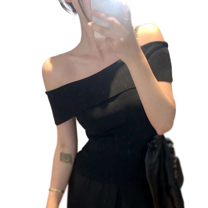 Women's Knitwear Icy Cool Silk Elegant Short Sleeves Straight Neck Off shoulder Slim Fitting Sexy T-shirts