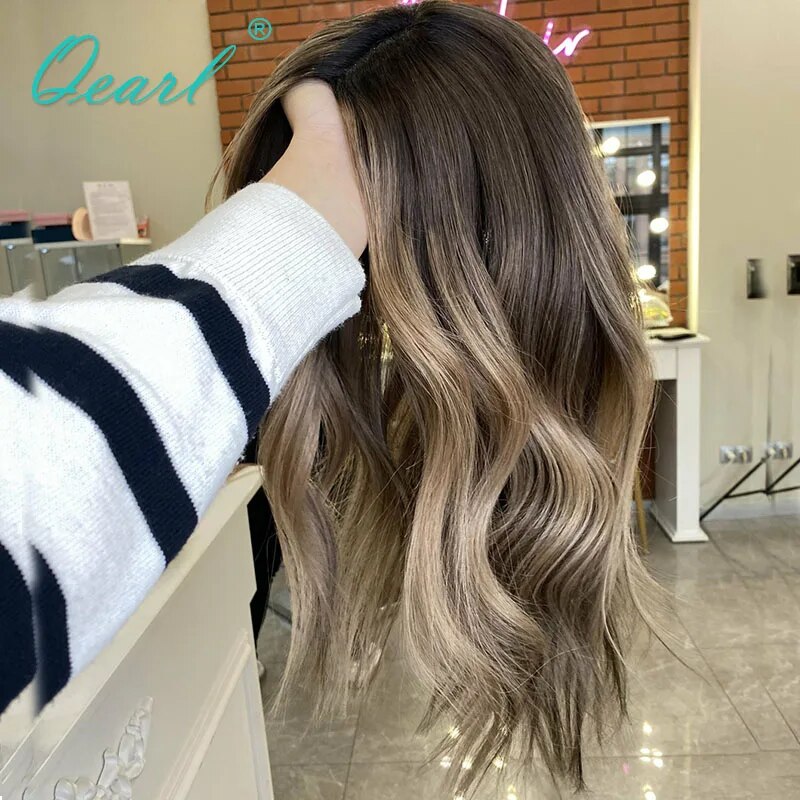 Women Real Human Hair Wig HD 360 Lace Frontal Wigs Dark Honey Blonde Highlights Colored Loose Wave Full Lace Wig Top Sale Qearl
