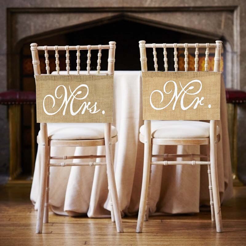 2Pcs/set Mr and Mrs Burlap Chair Banner Set Chair Sign Garland Rustic Groom Bride Burlap Photo Props Wedding Party Decoration