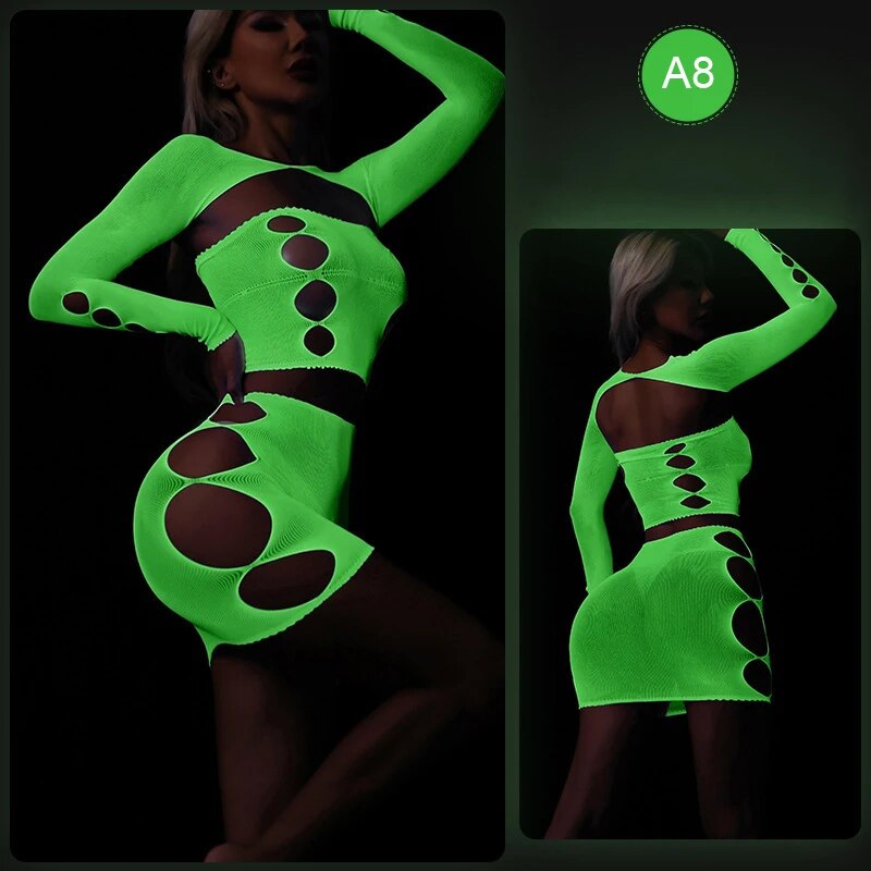 Sexy Women Luminous Bodysuit See Through Hollow Out Net Clothing Exotic Lingerie Mesh Costumes Mesh Dress Underwear Bodysuit New