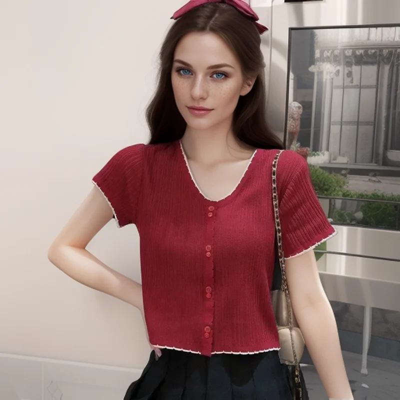 Women's Patchwork Short Sleeve Crop Tops Knitted Casual T-Shirt Woman Sweet Patchwork Short Tops