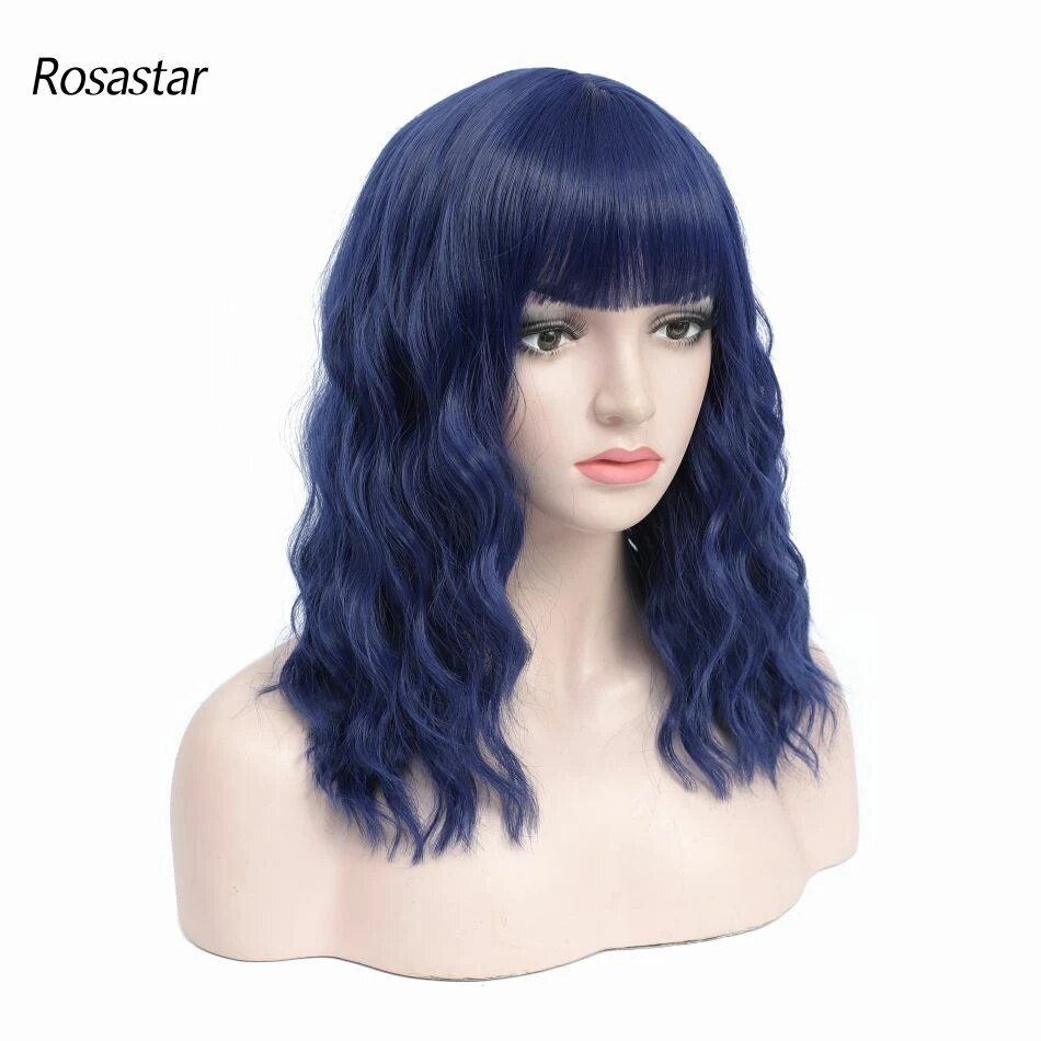 ROSA STAR Hair Navy Blue Wigs for Women Natural Looking Curly Short Air Bangs Heat Resistant Synthetic Wigs 16 