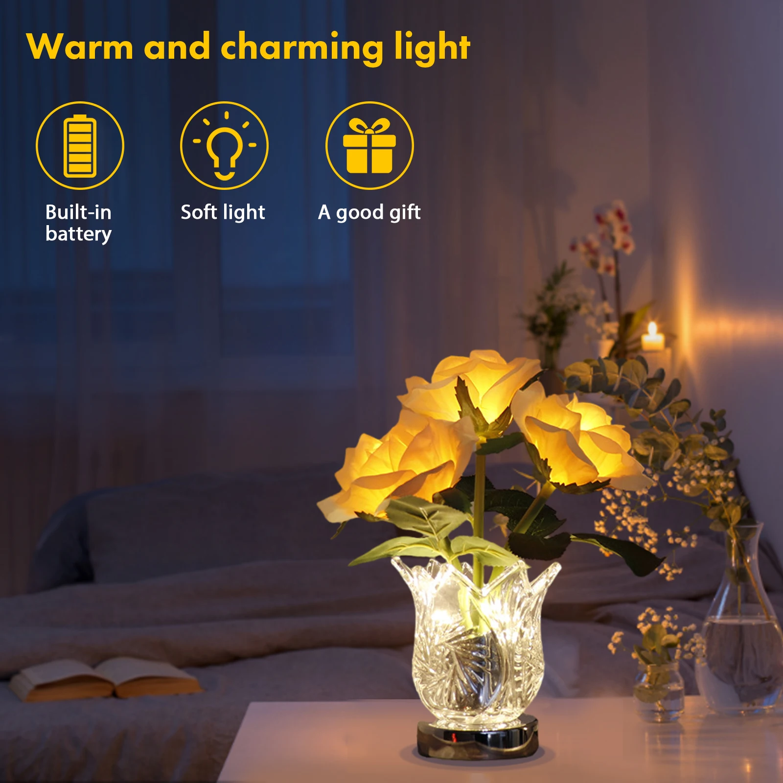Rose Artificial Flowers Lamp Rechargeable Flowers Table Lights Desktop Ornaments Rose Night Light Office Home Bedroom Decoration