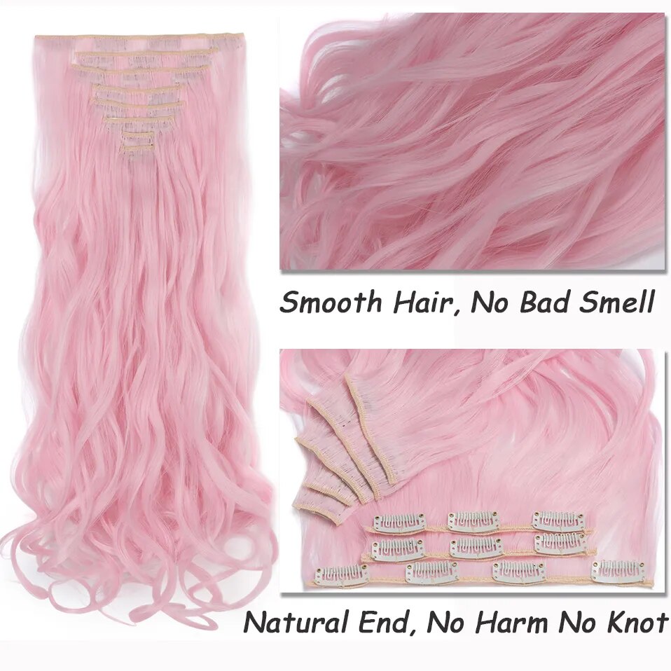 Benehair 24'' 8pcs Long Wavy Synthetic Clip In Hair Extensions Wave Black Purple Blonde Hairpieces For Women 2021 New Hair Fiber