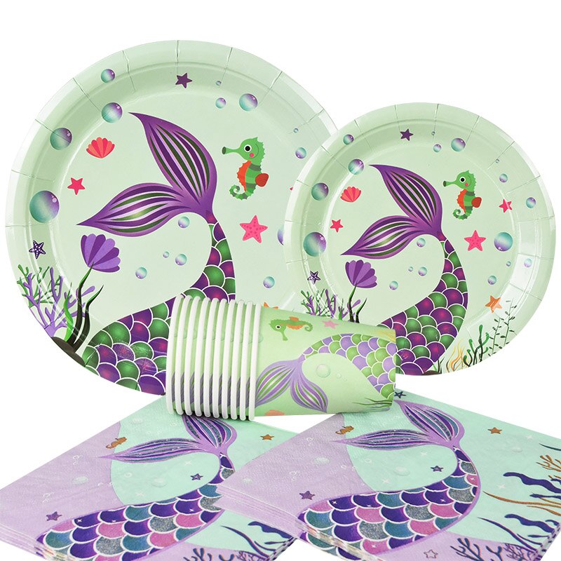 1Set Mermaid Party Disposable Tableware Napkin Plates Cups Banner Baby Shower Favor Girls Birthday Party Decoration