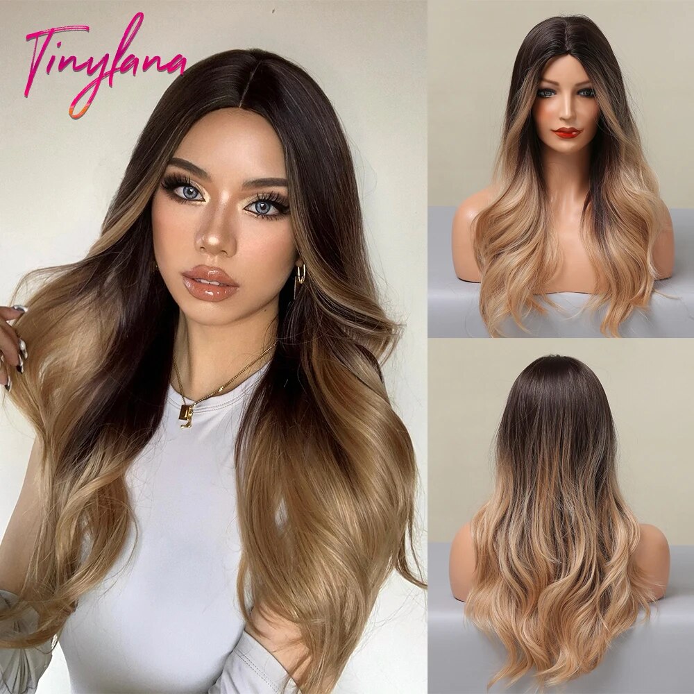 TINY LANA Synthetic Long Ombre Black Brown Blonde Big Loose Wave Wigs For Women Middle Part Cosplay Party Natural Fake Hair
