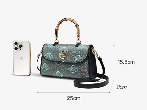 Embroidery Leather Bag Zhuang Brocade Bamboo Handle Handbag 