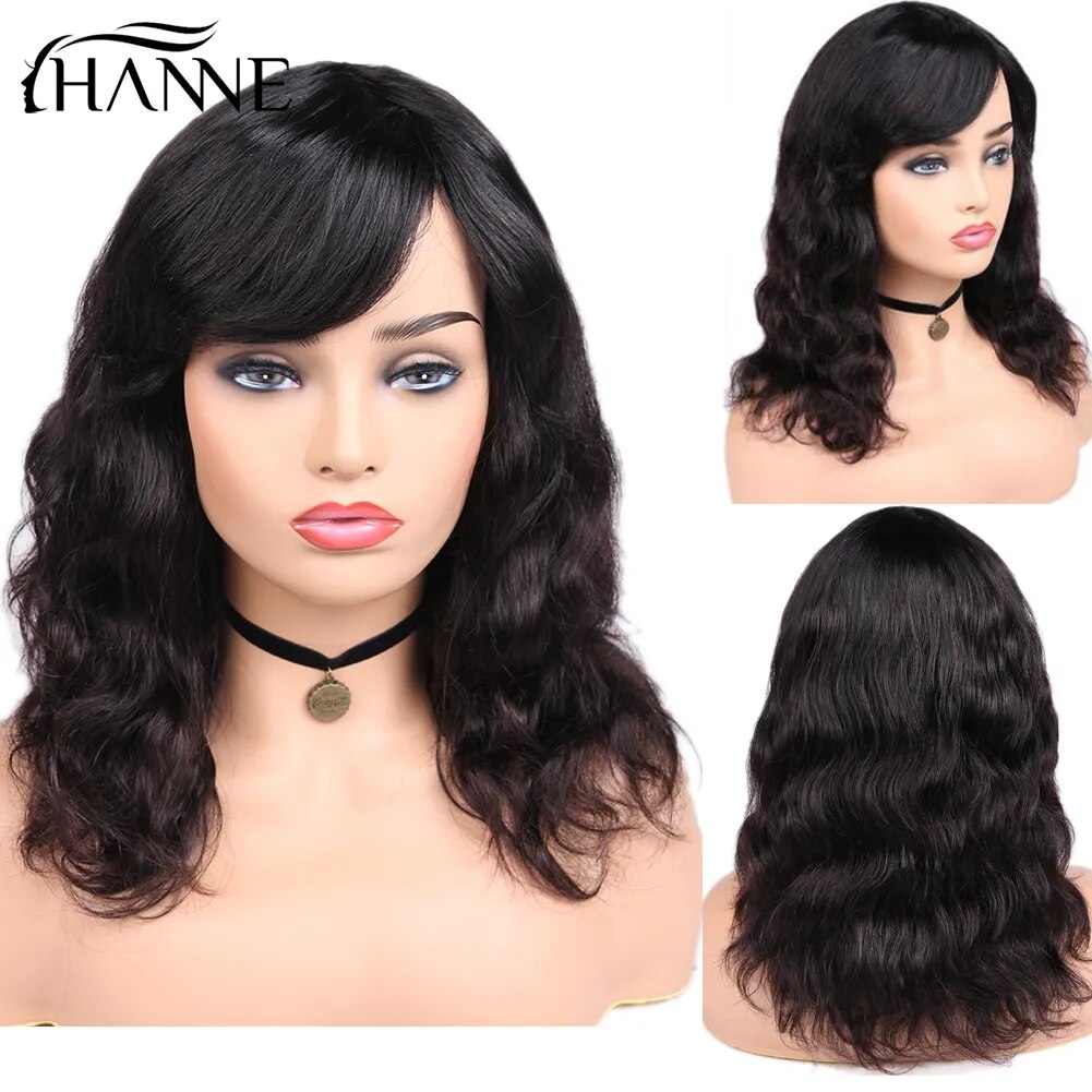 HANNE Brazilian Body Wave Human Hair Wigs With Bangs Wig Natural Black  Remy Short Long Women Hair 150% Density 12-18