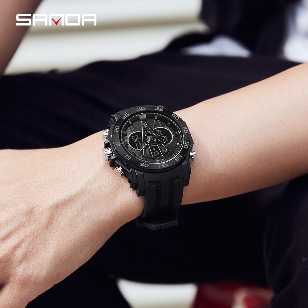 SANDA Brand Men Watches Dual Display LED Digital Quartz Wristwatch 50M Waterproof Sports Military Watch Relogios Masculino 6105
