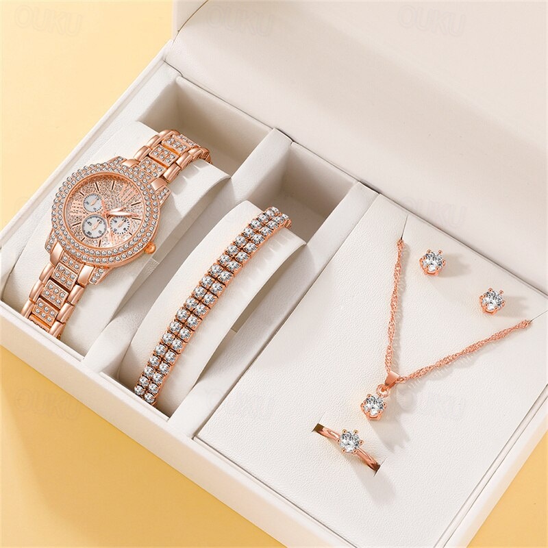 6PCS Set Luxury Watch Women Ring Necklace Earrings Rhinestone Fashion Wristwatch Female Casual Ladies Watches Bracelet Set 2024 - US $16.99 –P2