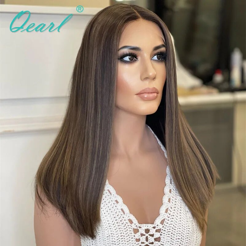 Wigs Ladies Real Hair Chocolate Brownish Lace Frontal Wig Caramel Blonde Highlights 13x6 Human Hair Straight Lace Wigs Qearl