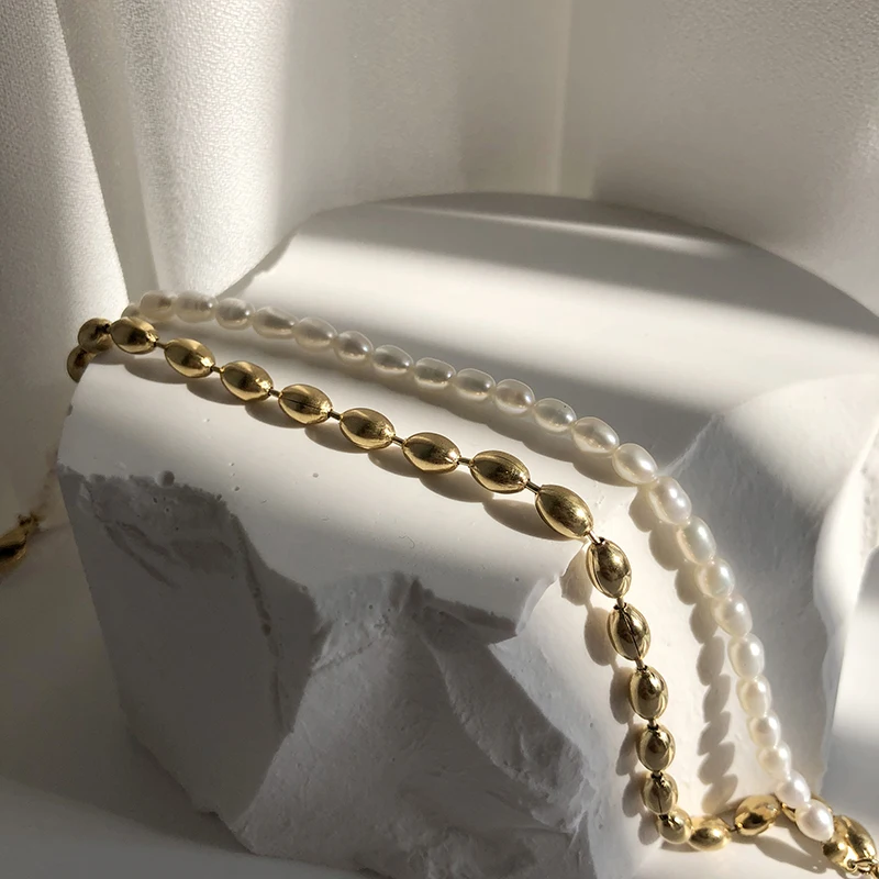 GHIDBK 2021 Summer Bohemian Beads & Pearls Stitching Necklaces S.Steel Handmade Irregular Natural Freshwater Pearl Chain Chokers