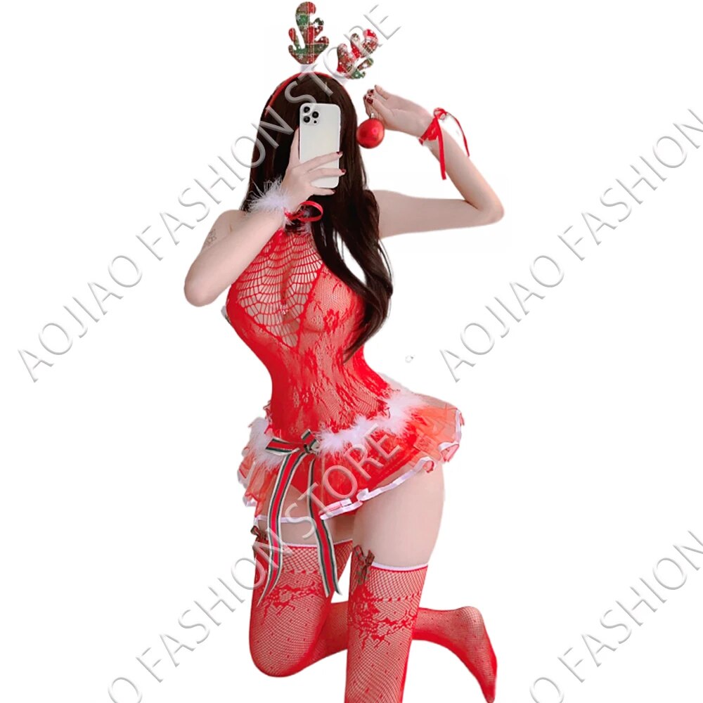 Women's Christmas Lingerie Set Fishnet Bodystocking Open Crotch Lace Stitching Push Up Bra & Thong Sexy Lingerie For Sex