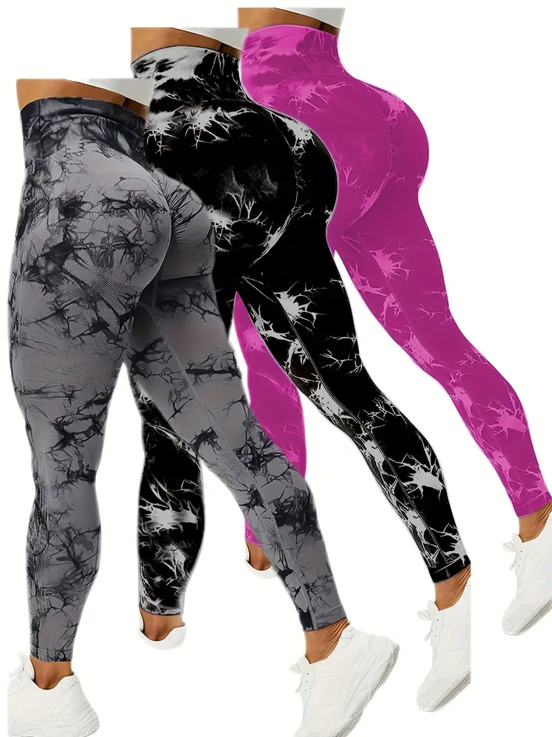 3pcs tie dye high waist sports leggings running workout fitness yoga tight pants womens activewear wide waistband details 21