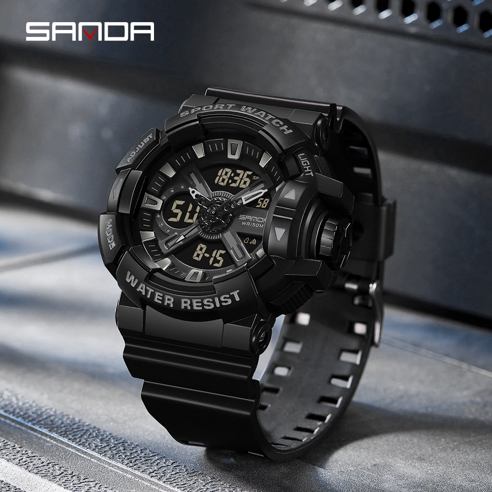 SANDA New Men's Watches Dual Display Sports Military 50M Waterproof Digital Watch Quartz Wristwatch Clock Relogio Masculino 3128