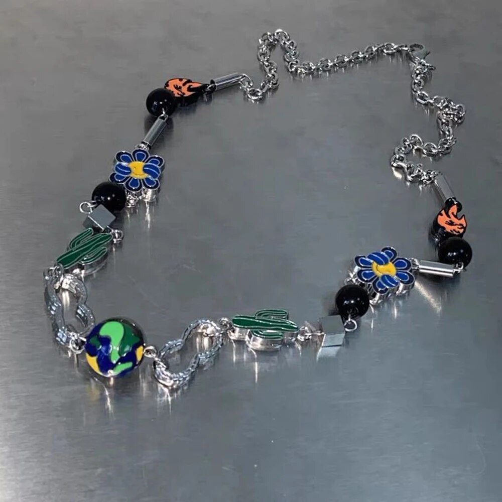 Trendy Brand Cactus Planet Charm Necklace Men Women Fashion Hip hop Stainless Steel Long Sweater Chain Street Hip hop Jewelry