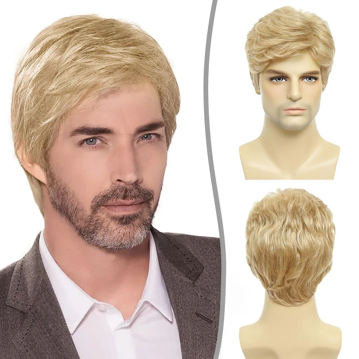 Mens Blonde Wigs Natural Fluffy Layered Synthetic Hair Daily Halloween Ken Wig for Men Male
