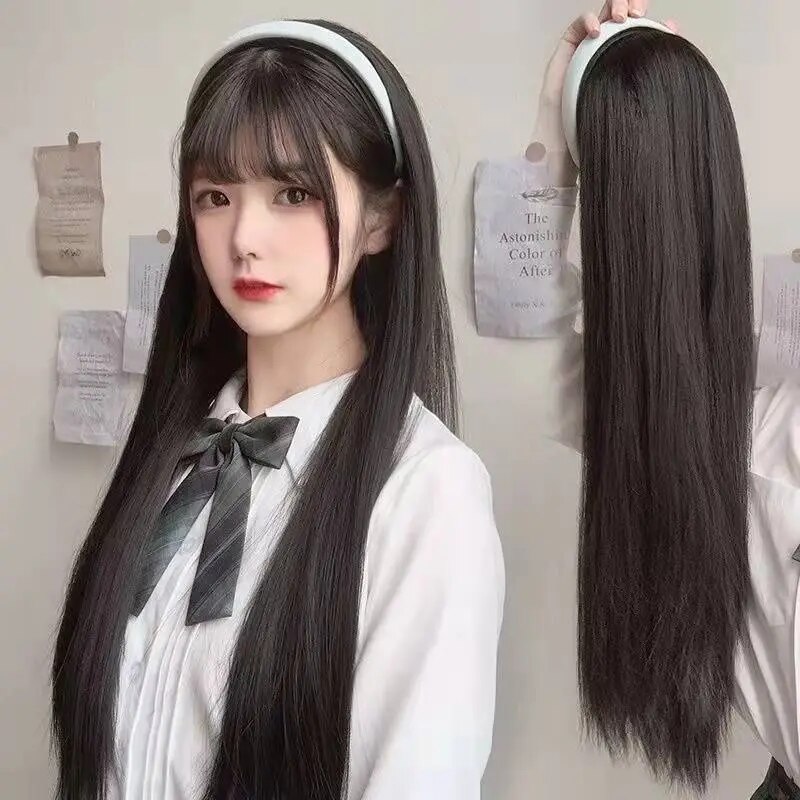 New Hair Hoop Hair Band Wig Female One-piece Long Straight Hair Full Set Of Korean Daily Four Seasons Net Red Full Head Set Real