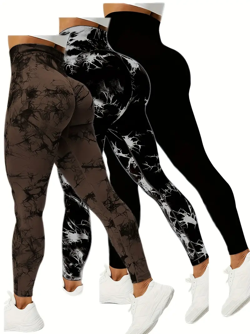 3pcs tie dye high waist sports leggings running workout fitness yoga tight pants womens activewear wide waistband details 36