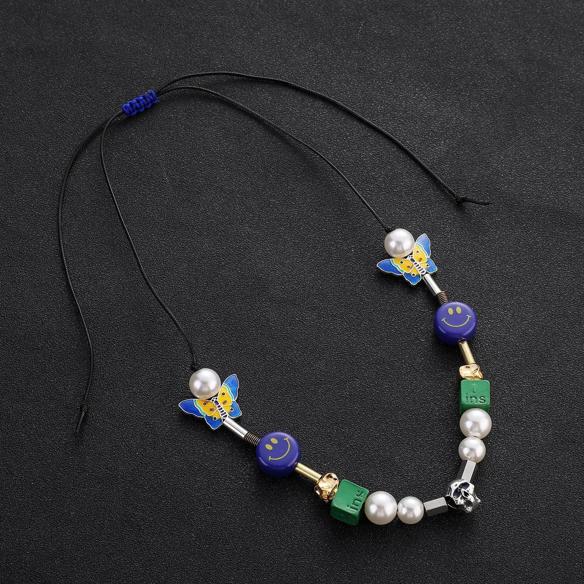 Fashion Blue Dice Skull Necklace Street Christmas Butterfly Round Bead Couple Necklace Gift Hot Sale