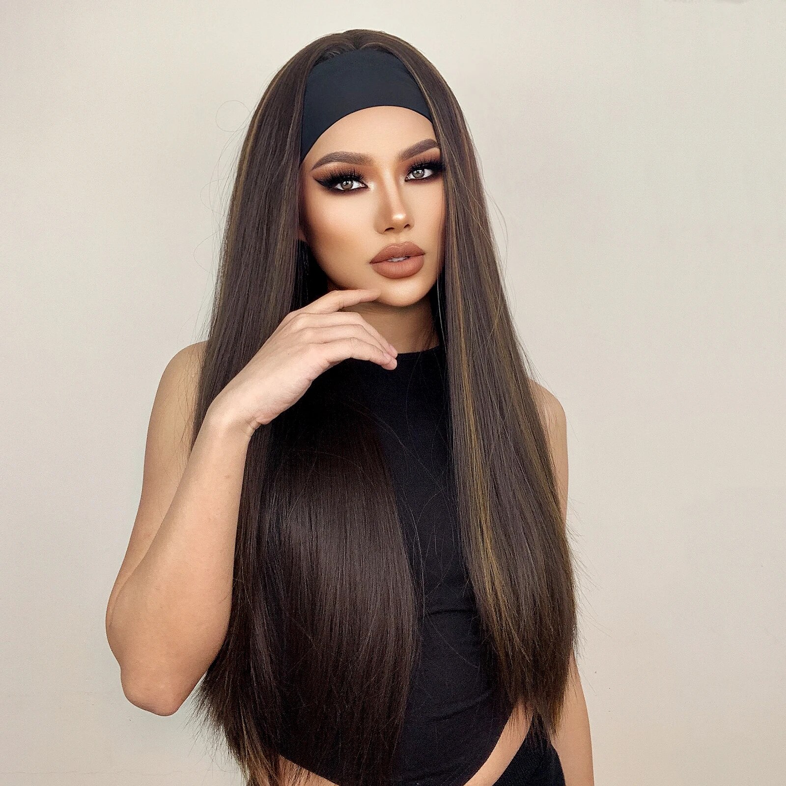 HENRY MARGU Long Straight Headband Wig Synthetic Hair Brown Gloden Highlight Glueless Wigs for Black Women Machine Made Cosplay