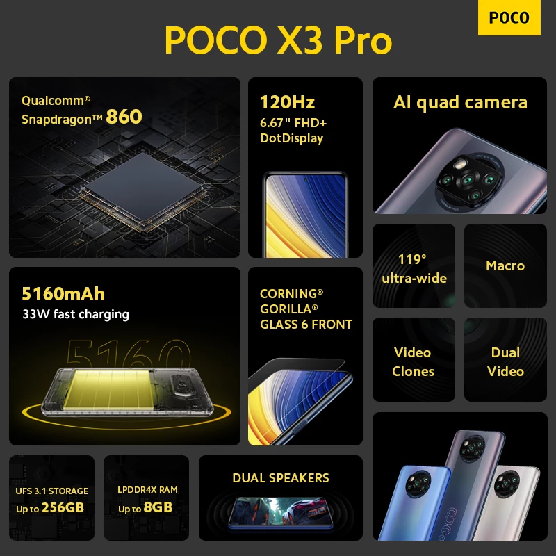 Versão global poco x3 pro 6gb 128gb/8gb 256gb telefone móvel snapdragon 860 120hz dotdisplay 732g 48mp câmera 5160 bateria nfc
