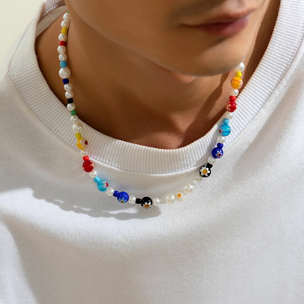 Imitation Pearl and Colorful Beads Short Choker Necklace for Men Trendy Beaded Chains on Neck 2023 Fashion Jewelry Accessories