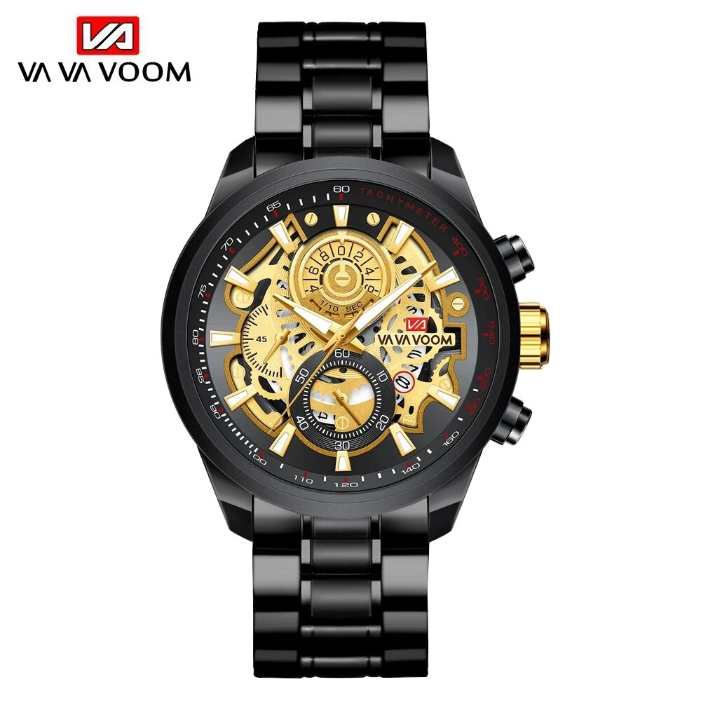 VAVA VOOM Business Mans Watches Quartz Watch Luxury Men's Wrist Watch Black Gold Stainless Steel Case Waterproof Wristwatch
