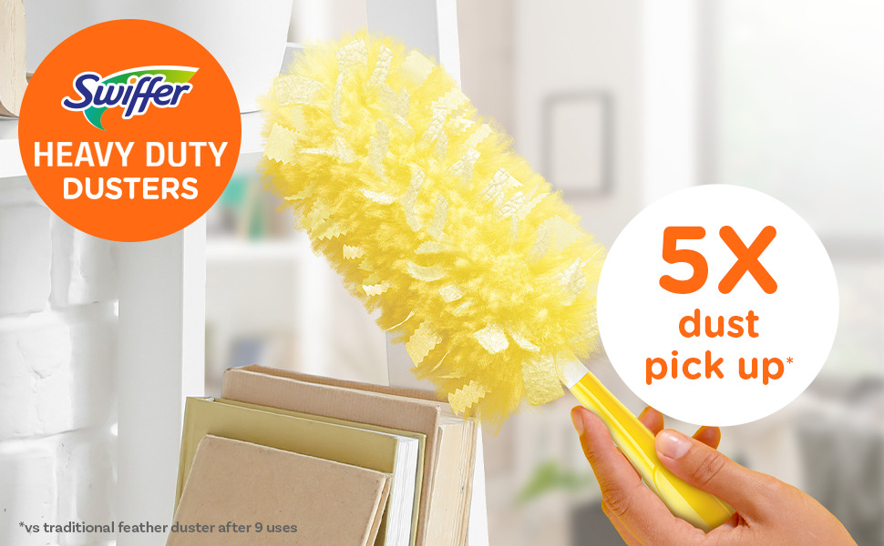 Swiffer Heavy duty dusters picks up 5 times the dust versus traditional feather dusters after 9 uses