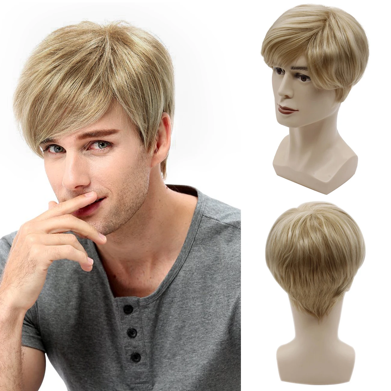 BCHR Short Mens Blonde Wig Straight Synthetic Wig for Male Hair Fleeciness Natural Toupee Wigs