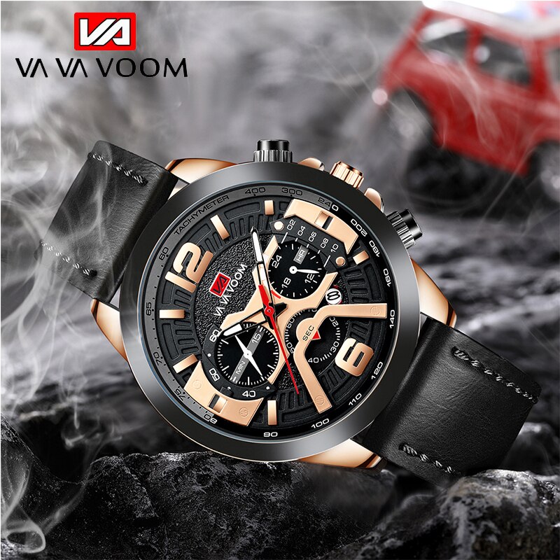 VAVA VOOM Leather Men Watche Luxury Top Brand Fashion Casual Dress Quartz Wristwatch Relogio Masculino Business Calendar Watches