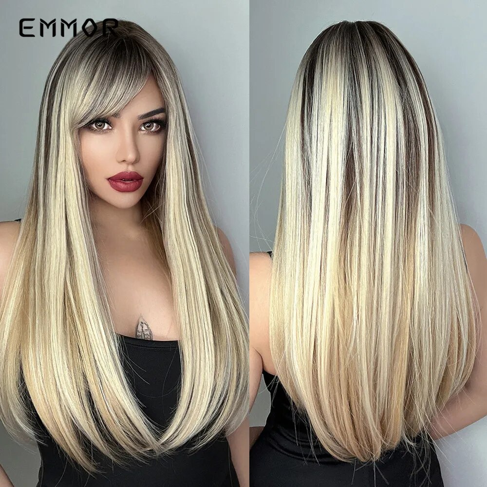 Emmor Synthetic Ombre Black to Blonde Wigs for Women Natural  Straight Hair Wig Cosplay Wigs High Temperature Fiber with Bangs